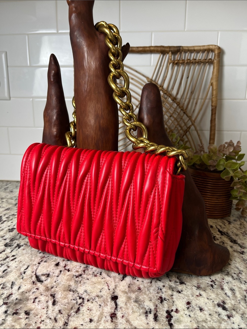 Montana West Red Quilted Shoulder Bag with Gold Chain